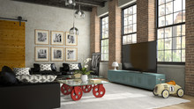  Interior Of Modern Design Loft With Black Sofa 3D Rendering 2
