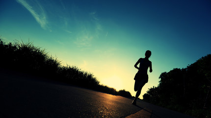 Wall Mural - young woman runner running on sunrise seaside