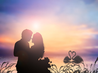 silhouette of romantic lovers over blur nature. valentines day;