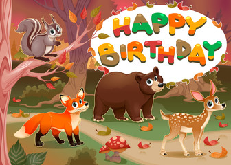 Wall Mural - Happy Birthday card with wood animals