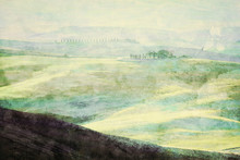 Painting Of Tuscany Landscape At Sunrise. Tuscan Green Hills.
