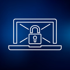 Wall Mural - secure laptop icon. notebook padlock sign. password restricted laptop symbol. thin line icon on blue