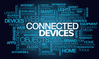 Wall Mural - connected devices smart objects and the internet of things words tag cloud text blue