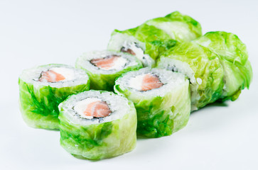 Poster - close-up of  Japan sushi roll with salmon and green lettuce (sha