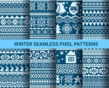 Collection Of Monochrome Seamless Knitted Patterns With Geometric Ornament. Vector Illustration.