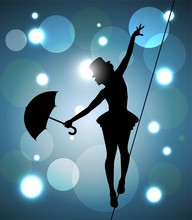 Tightrope Walker Girl With Umbrella Balancing On The Wire