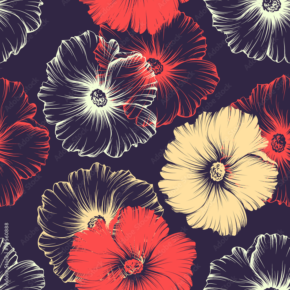 Seamless pattern with mallow flowers - obrazy, fototapety, plakaty 