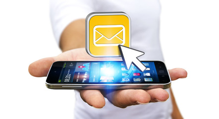 young man using modern mobile phone to send message