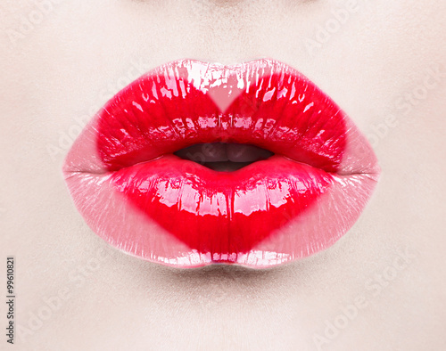 Plakat na zamówienie Beauty sexy lips with heart shape paint. Valentines Day