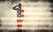 Double Exposure Of Saluting Soldier On USA Grunge Flag. Patriotic Design