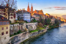 Old Town Of Basel With Munster Cathedral Facing The Rhine River, Switzerland