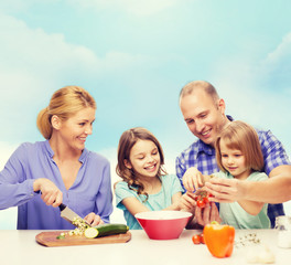 Poster - happy family with two kids making dinner at home