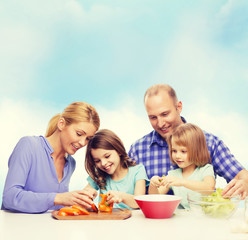 Poster - happy family with two kids making dinner at home