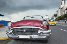 Old Car On Street Of Havana, Cuba On The Rainy Day