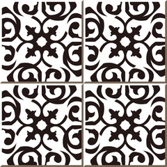 Wall Mural - Vintage seamless wall tiles of black white curve spiral, Moroccan, Portuguese.
