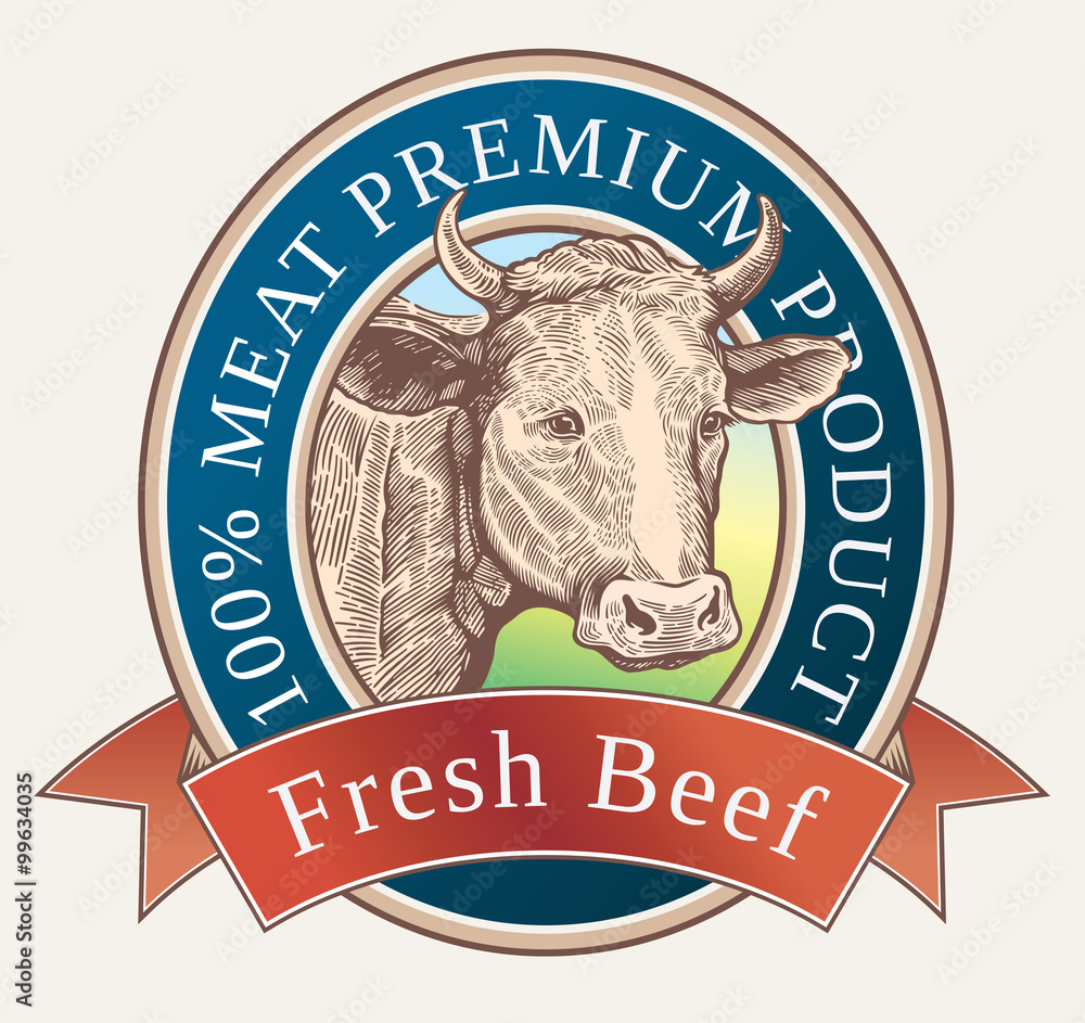 Cow in graphical style, of engraving. Is depicted, label design. Stock ...