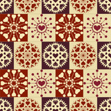 Fototapeta Kuchnia - Christmas seamless checked pattern with heart snowflakes. New Year, Valentine texture. Brown, beige, sepia colored. Vector