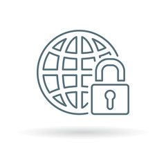 Wall Mural - Secure internet icon. Globe with padlock sign. Secure globe symbol. Thin line icon on white background. Vector illustration.