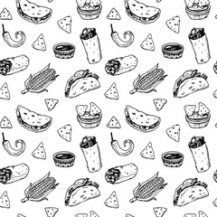 Hand drawn black and white sketch Mexican food seamless background.