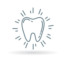 Healthy Glowing Tooth Icon. Sparkling Clean Tooth Sign. Cavitiy Free White Teeth Symbol. Thin Line Icon On White Background. Vector Illustration.