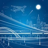 Fototapeta Abstrakcje - Car overpass, city infrastructure, urban plot, plane takes off, train move, vector design art