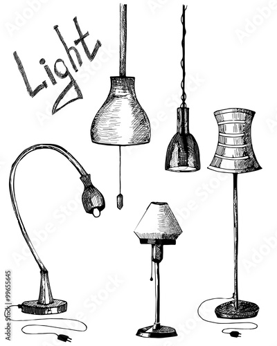 Set Of Lamps Hand Drawn Ilration, Pencil Drawing Of Table Lamp