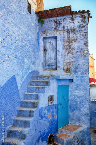 Unusual architecture in the old blue medina in Chefchaouen, Morocco.