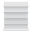 © Denis Semenchenko - White Long Blank Empty Showcase Displays With Retail Shelves Front View 3D Products On White Background Isolated. Ready For Your Design. Product Packing. Vector EPS10