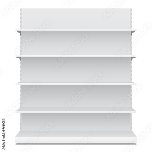 Fotografía White Long Blank Empty Showcase Displays With Retail Shelves Front View 3D Products On White Background Isolated