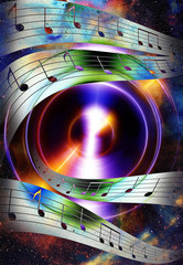 Poster - music note and silhouette music speaker and Space with stars. abstract color background. Music concept.
