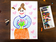 Kolorowy rysunek przedstawiający babcię trzymającą bukiet kwiatów