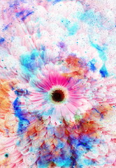 Poster - Space and stars with flower, color galaxi  background, computer collage. 