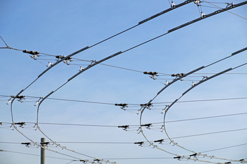 tram wires with blue sky background