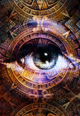 Leinwandbilder - Ancient Mayan Calendar and woman eye,  abstract color Background, computer collage. Eye in circle light. 