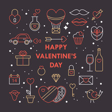Valentine's Day Modern Card Design With Thin Line Icons. Vector