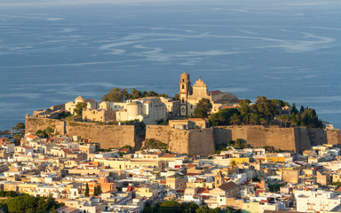 The old town of Lipari, main settlement on the Aeolian Island of the same name, with its citadel surrounded by a city wall