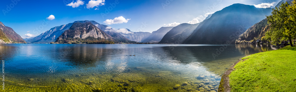 Panorama of crystal clear mountain lake in Alps - obrazy, fototapety, plakaty 