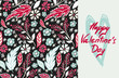 seamless floral  pattern with hand drawn Heart and Happy Valentine's Day