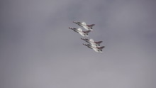 4 Thunderbirds From The United States Air Force Fly In Formation In Super Slow Motion During An Exhibition.