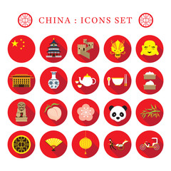 Wall Mural - China Flat Icons Set, Travel Attraction, Food, Accommodation, Transportation, Nature and Animal