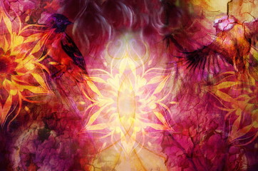 Leinwandbilder - Titmouse bird and golden mandala, ornament background and desert crackle. computer collage, profile portrait, violet , white and yellow color