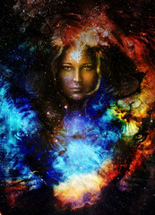 Leinwandbilder - Goodnes woman and lion  and bird in space with galaxi and stars. profile portrait, eye contact.