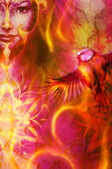 Fotobehang - beautiful illustration women and mandala in fire, with birds on multicolor background eye contact.