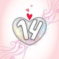 Wall Mural - dotted heart and numbers 14 on the pink textured background with swirls. traditional background for 
