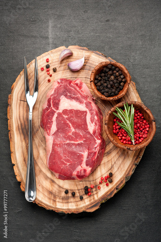Raw beef steak Ribeye , spices and herbs. Top view Tablou Canvas