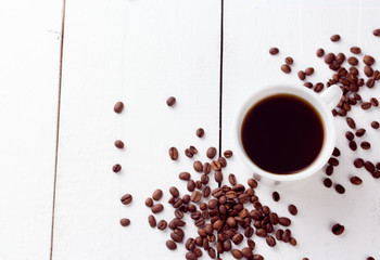 coffee cup top view on white wood table background