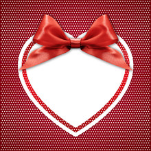 White Heart Border Frame With Red Ribbon Bow On Red Background