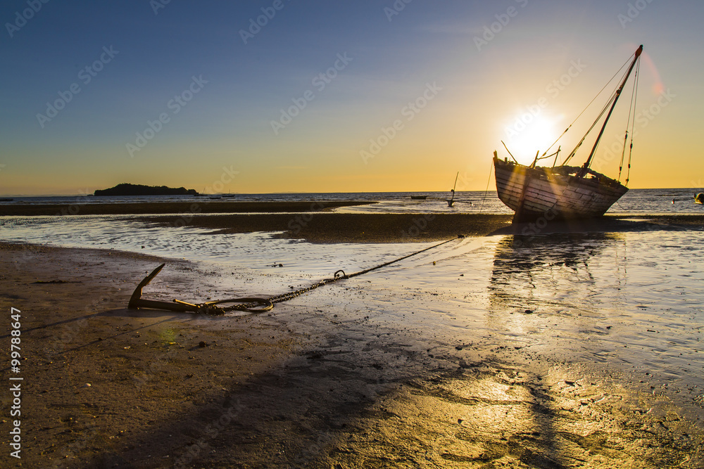 Stranded ship anchored on a sunset in Madagascar
