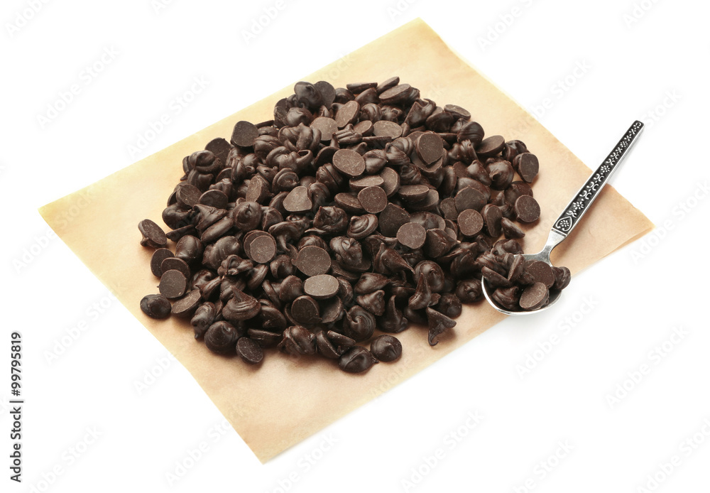 Chocolate morsels isolated on white