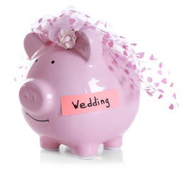 Piggy bank with wedding veil, isolated on white